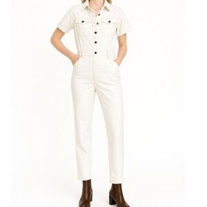 Avec Les Filles White Utility Denim No Belt Jumpsuit Sz 29 *Missing 1 Button*